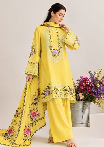 Zeen Dhaga-3-Piece Fine Quality Dhanak Suit | Yellow Embroidered Shirt with Digital Printed Shawl