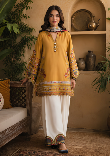 Zeen Dhaga-3-Piece Luxury Saffron Mustard Suit | Embroidered Shirt with Chiffon Dupatta