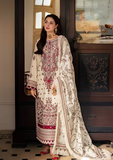 Zeen Dhaga - 3-Piece Winter Karandi Suit | Maroon & White Sequence Embroidered Shirt with Karandi Shawl