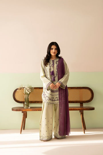 Zeen Dhaga - 3-Piece Floral Embroidered Lawn Suit | Pistachio Green & Plum Contrast Chiffon Dupatta