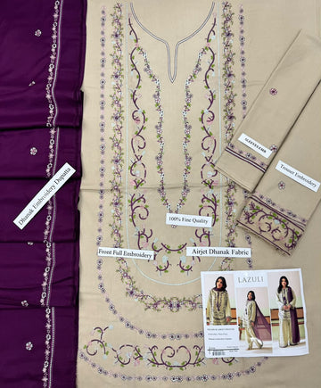 Zeen Dhaga - 3-Piece Floral Embroidered Lawn Suit | Pistachio Green & Plum Contrast Chiffon Dupatta