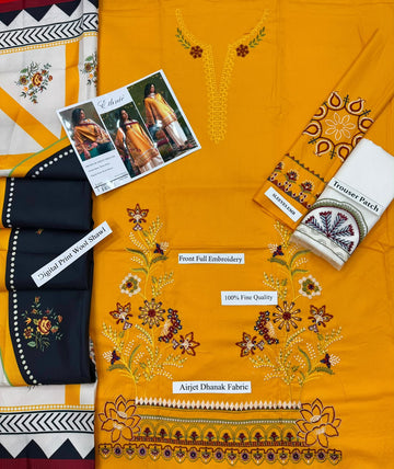 Zeen Dhaga-3-Piece Luxury Saffron Mustard Suit | Embroidered Shirt with Chiffon Dupatta