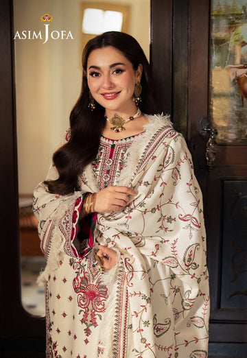 Zeen Dhaga-3-Piece Winter Karandi Suit | Maroon & White Sequence Embroidered Shirt with Karandi Shawl