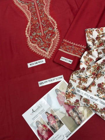 Zeen Dhaga-3-Piece Festive Maroon Lawn Suit | Embroidered Straight Kurta with Farshi Shalwar & Voile Dupatta
