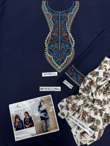 Zeen Dhaga-3-Piece Festive Blue Lawn Suit | Embroidered Straight Kurta with Farshi Shalwar & Voile Dupatta