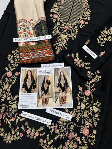 Zeen Dhaga - 2-Piece Embroidered Black & Beige Suit | Stitched Kurta with Printed Farshi Shalwar