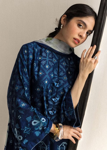 Zeen Dhaga-3-Piece Luxury Royal Blue Lawn Suit | Geometric Embroidered Shirt with Silk Dupatta