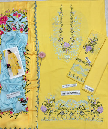 Zeen Dhaga-3-Piece Fine Quality Dhanak Suit | Yellow Embroidered Shirt with Digital Printed Shawl