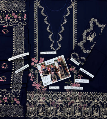 Zeen Dhaga-3-Piece Luxury Navy Blue Lawn Suit | Chikankari Embroidered Shirt with Dupatta