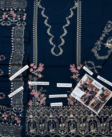 Zeen Dhaga-3-Piece Luxury Midnight Teal Lawn Suit | Chikankari Embroidered Shirt with Dupatta