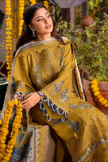 Zeen Dhaga-3-Piece Luxury Mustard Schiffli Lawn Suit | Embroidered Mehndi & Festive Shirt with Printed Tissue Silk Dupatta
