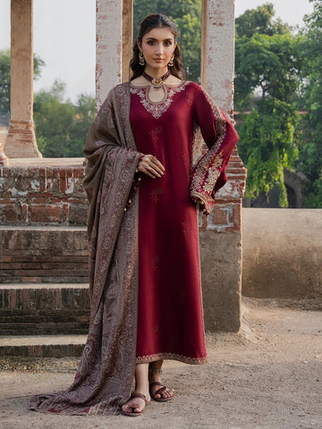 Zeen Dhaga - 3-Piece Luxury Maroon Italian Wool Suit | Embroidered Winter Shirt with Woolen Jacquard Shawl