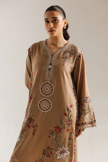 Zeen Dhaga - Luxury Golden-Beige Embroidered Kaftan | Relaxed-Fit V-Neck Long Dress