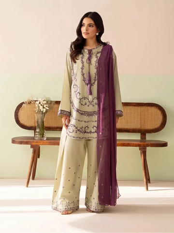 Zeen Dhaga 3-Piece Floral Embroidered Lawn Suit | Pistachio Green & Plum Chiffon Dupatta