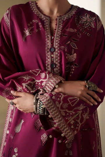 Zeen Dhaga - Luxury Raspberry Rose Embroidered Kaftan | Relaxed-Fit Split V-Neck Floor-Length Dress