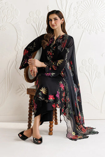 Zeen Dhaga-3-Piece Luxury Black Lawn Suit | Borer Embroidered Shirt with Printed Chiffon Dupatta