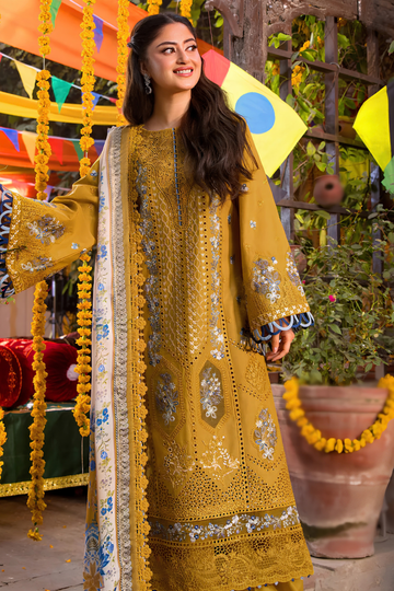 Zeen Dhaga-3-Piece Luxury Mustard Schiffli Lawn Suit | Embroidered Mehndi & Festive Shirt with Printed Tissue Silk Dupatta