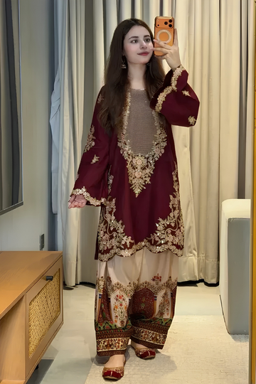 Zeen Dhaga - 2-Piece Ethnic Embroidered Silk Suit | Winter Shirt with Trouser