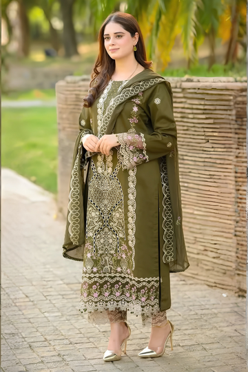 Zeen Dhaga - 3-Piece Sapphire Embroidered Dhanak Suit |  Chiffon Dupatta