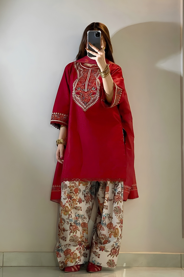 Zeen Dhaga - 3-Piece Festive Maroon Lawn Suit | Embroidered Straight Kurta with Farshi Shalwar & Voile Dupatta