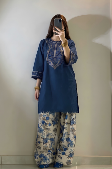 Zeen Dhaga-3-Piece Festive Blue Lawn Suit | Embroidered Straight Kurta with Farshi Shalwar & Voile Dupatta