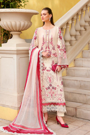 Zeen Dhaga - 3-Piece Luxury Off-White & Pink Jacquard Lawn Suit | Embroidered Shirt with Printed Silk Dupatta