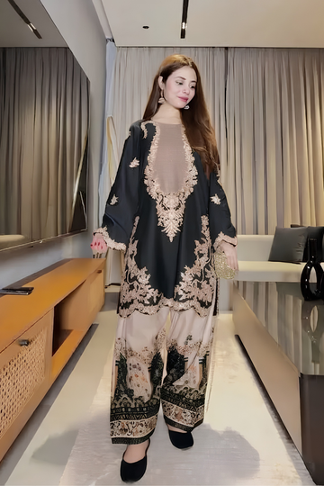 Zeen Dhaga - 2-Piece Embroidered Black & Beige Suit | Stitched Kurta with Printed Farshi Shalwar