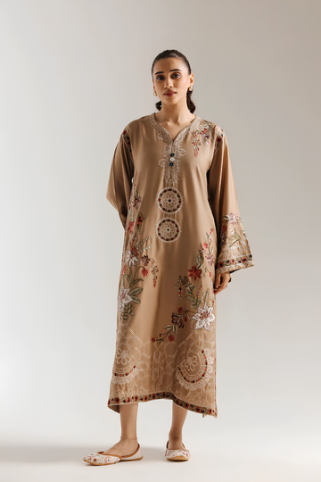 Zeen Dhaga - Luxury Golden-Beige Embroidered Kaftan | Relaxed-Fit V-Neck Long Dress