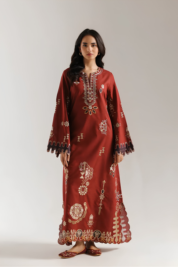 Zeen Dhaga - Luxury Grape Wine Embroidered Kaftan Dress | Relaxed-Fit Long Festive Dress